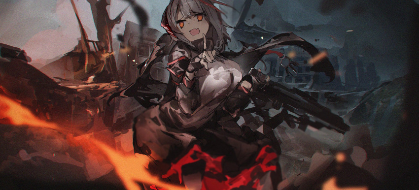 1girl, arknights, bangs, black_skirt, blunt_bangs, breasts, demon_girl, demon_horns