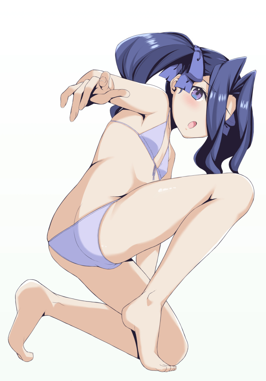 1girl, arm_up, armpits, ass, barefoot, bikini, blue_bikini, blush