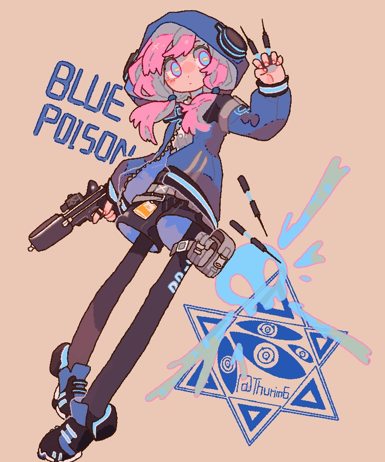 1girl, arknights, bangs, blue_eyes, blue_poison_(arknights), bolo_tie, chibi, chinese_commentary