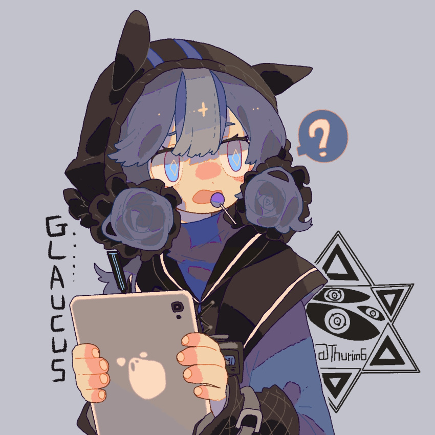 1girl, ?, animal_ears, arknights, bangs, blue_eyes, blue_hair, candy