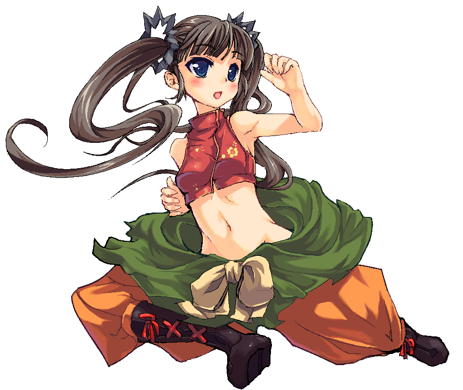 bare_shoulders, black_hair, blue_eyes, boots, de_so, long_hair, monk_(sekaiju), sekaiju_no_meikyuu, sekaiju_no_meikyuu_3, sleeveless, sleeveless_turtleneck, turtleneck, twintails