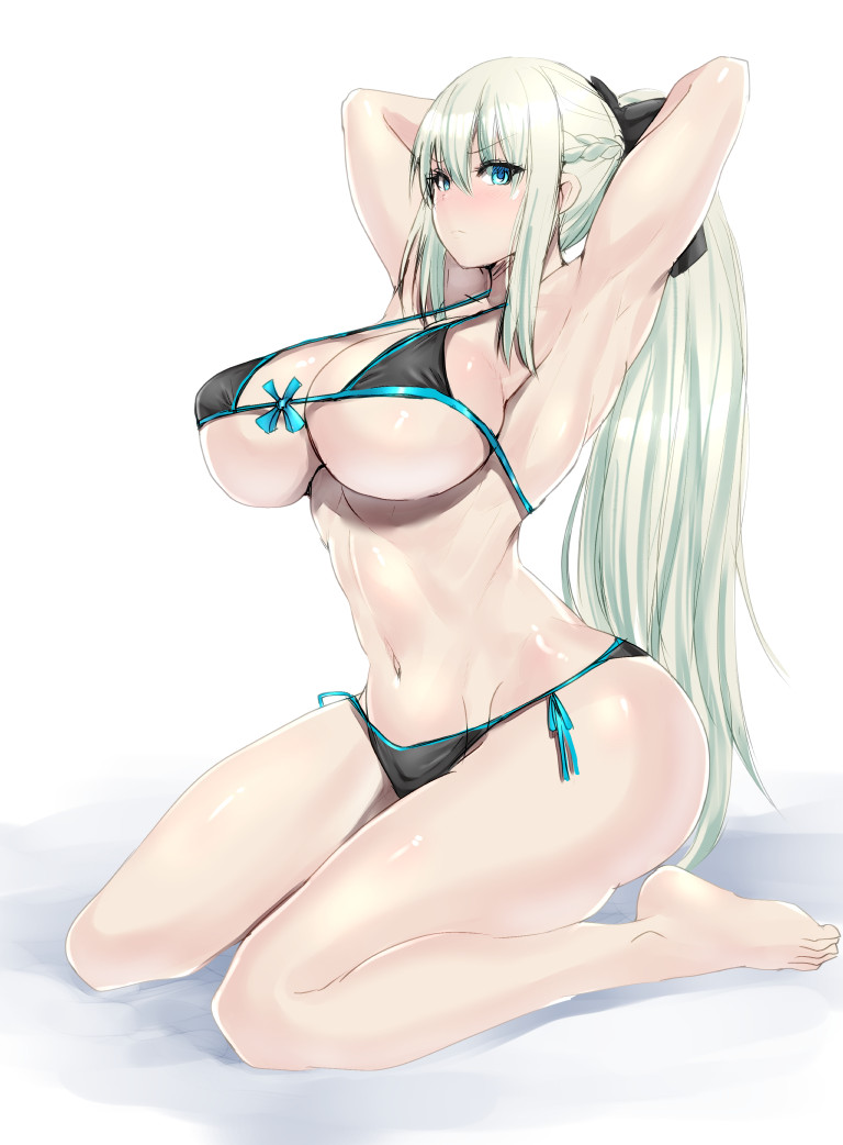 1girl, arms_up, bikini, black_bikini, blue_eyes, breasts, fate/grand_order, fate_(series)