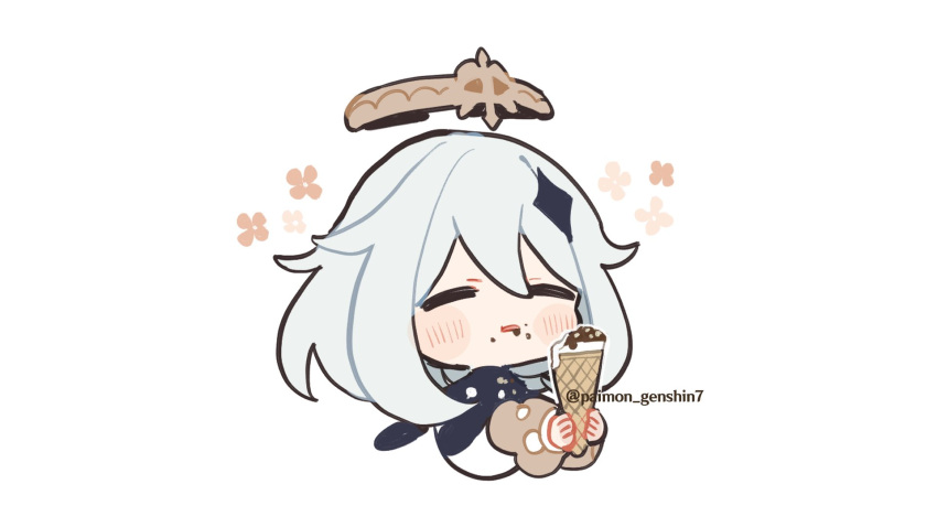 1girl, =_=, black_scarf, blush, blush_stickers, chibi, dress, eating, food, food_on_face, genshin_impact, hair_between_eyes, halo, highres, holding, holding_food, ice_cream, ice_cream_cone, ice_cream_on_face, official_art, paimon_(genshin_impact), paimon_genshin7, scarf, sidelocks, simple_background, soft_serve, solo, twitter_username, white_background, white_dress, white_hair