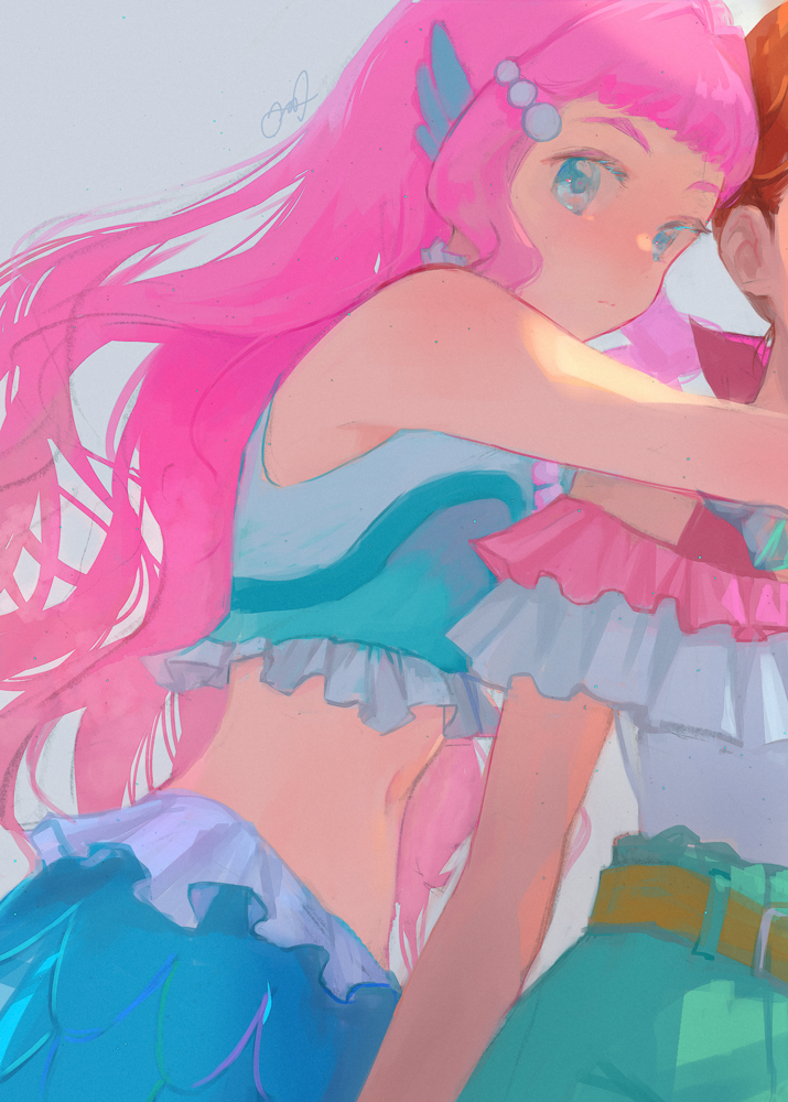2girls, aqua_shirt, baicha_oqqa, bare_arms, bare_shoulders, belt, blouse, blue_eyes, blush, commentary_request, expressionless, fins, frilled_shirt, frills, green_shorts, hair_intakes, halterneck, head_fins, heart, heart_in_eye, hug, hug_from_behind, laura_la_mer, light, long_hair, looking_at_viewer, looking_to_the_side, mermaid, midriff, monster_girl, multiple_girls, natsuumi_manatsu, navel, nose_blush, orange_hair, out_of_frame, pearl_hair_ornament, pink_hair, precure, scales, shirt, shorts, signature, simple_background, sleeveless, sleeveless_shirt, symbol_in_eye, thick_eyebrows, tropical-rouge!_precure, wavy_hair, white_background, white_shirt, yellow_belt