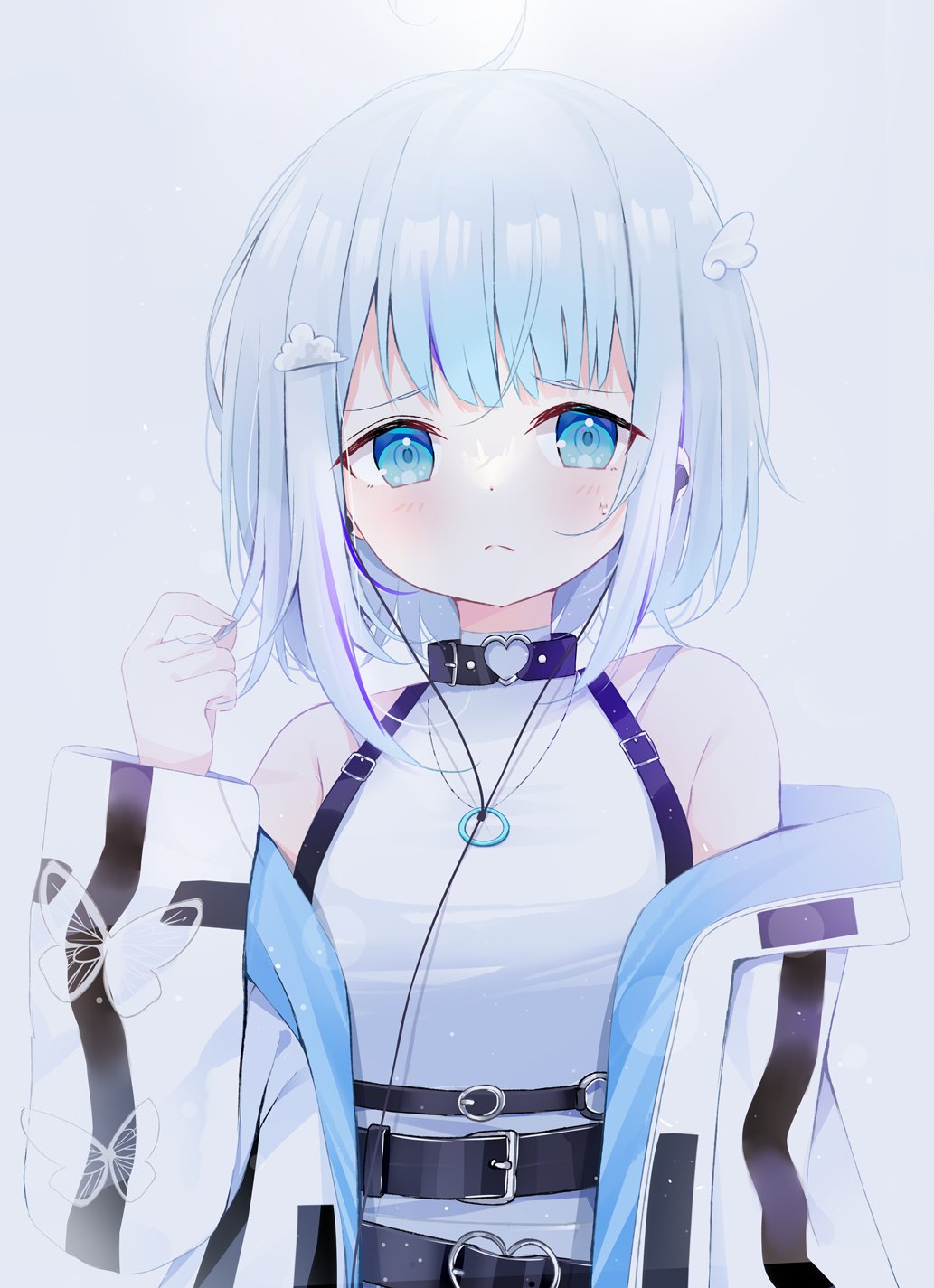 1girl, ahoge, amatsuka_uto, bare_shoulders, belt, belt_buckle, black_belt, blue_eyes