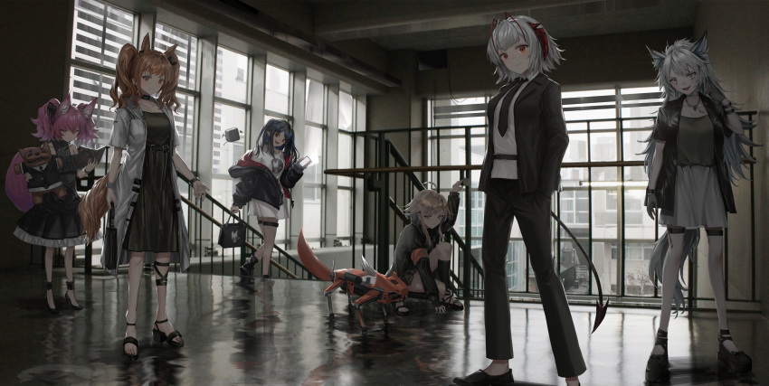 6+girls, absurdres, akatone, alternate_costume, angelina_(arknights), animal_ears, arknights, black_dress, black_hair, black_jacket, black_neckwear, book, brown_eyes, brown_hair, cellphone, closure_(arknights), coat, demon_girl, demon_horns, doll, dress, formal, fox_ears, fox_girl, fox_tail, grey_eyes, highres, horns, jacket, lappland_(arknights), long_hair, mayer_(arknights), meeboo_(arknights), multiple_girls, oripathy_lesion_(arknights), pants, phone, pointy_ears, purple_hair, red_eyes, robot, shamare_(arknights), shirt, short_hair, short_sleeves, silver_hair, skirt, smartphone, suit, tail, twintails, w_(arknights), white_coat, white_shirt, white_skirt, wolf_ears, wolf_girl, wolf_tail