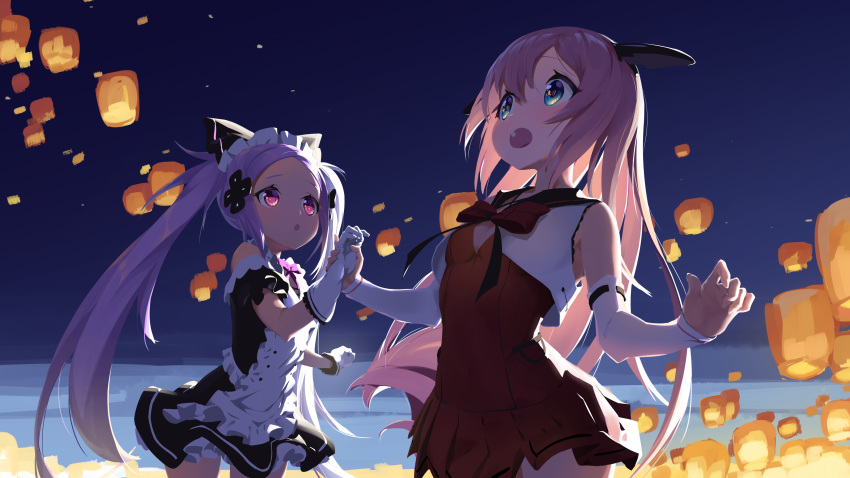 2girls, absurdres, amigo_(hua_cao), bangs, blue_eyes, bow, bowtie, chinese_commentary, clear_sky, commentary, detached_sleeves, dress, gloves, hair_ornament, highres, holding_hands, lantern, lantern_festival, long_sleeves, maid, multiple_girls, night, outdoors, paper_lantern, pink_eyes, pink_hair, purple_hair, red_bow, red_dress, short_sleeves, sidelocks, sky_lantern, sleeveless, sleeveless_dress, virtual_dimension_project, white_gloves, xiao_tao, xiao_xi
