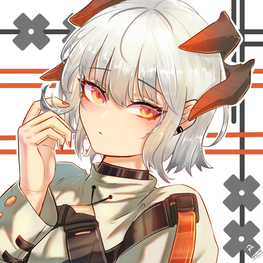 1girl, alternate_hair_length, alternate_hairstyle, arknights, artist_name, bangs, blush, closed_mouth
