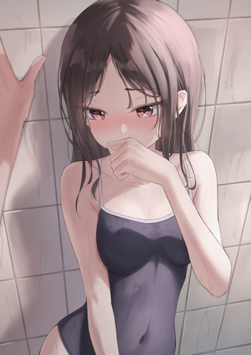 1girl, bangs, bare_arms, bare_shoulders, black_hair, black_swimsuit, blush, breasts