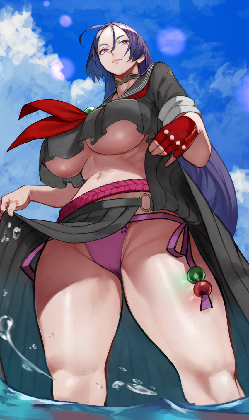 1girl, absurdres, bangs, beads, bikini, bikini_under_clothes, black_sailor_collar, black_serafuku