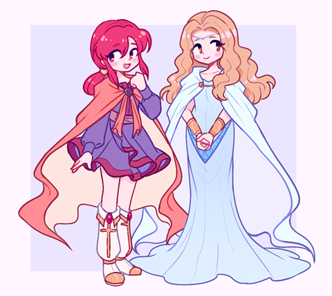 2girls, bangs, blonde_hair, boots, bracelet, circlet, cloak, dreamysuite