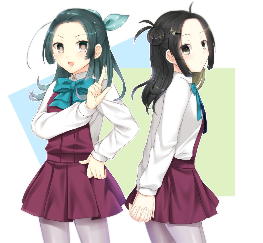2girls, aqua_bow, arms_behind_back, bow, bowtie, cowboy_shot, double_bun, dress
