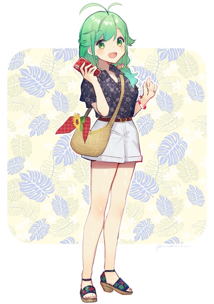 1girl, alternate_costume, antenna_hair, bag, black_shirt, casual, cellphone, commentary_request, dress_shirt, floral_print, full_body, green_eyes, green_hair, hair_over_shoulder, kantai_collection, leaf, leaf_background, long_hair, looking_at_viewer, matsu_(kancolle), one-hour_drawing_challenge, phone, shirt, shorts, solo, toeless_footwear, white_shorts, yamashichi_(mtseven)
