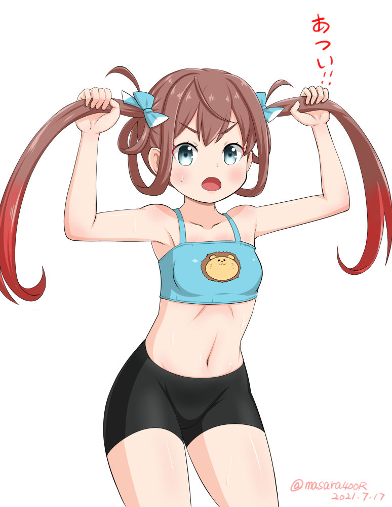 1girl, asagumo_(kancolle), bikini, bikini_under_clothes, black_shorts, bra, brown_hair, commentary_request