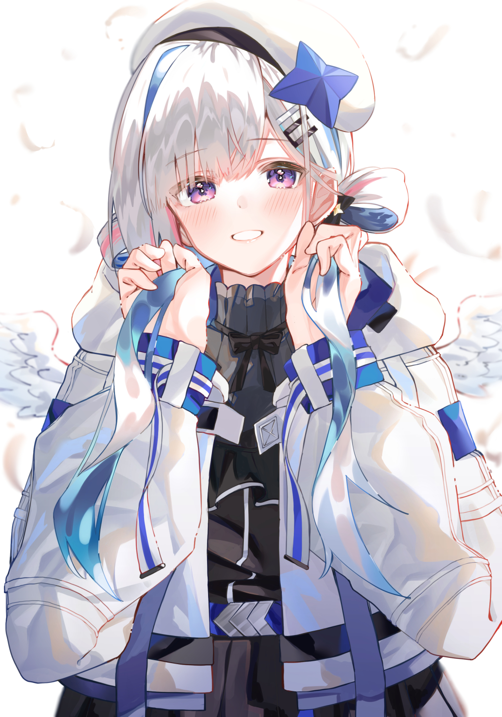 1girl, amane_kanata, angel_wings, asymmetrical_bangs, bangs, belt, beret, black_dress