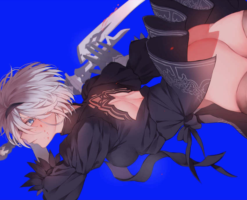 1girl, android, ass, back_cutout, black_dress, black_gloves, blood, blood_on_face