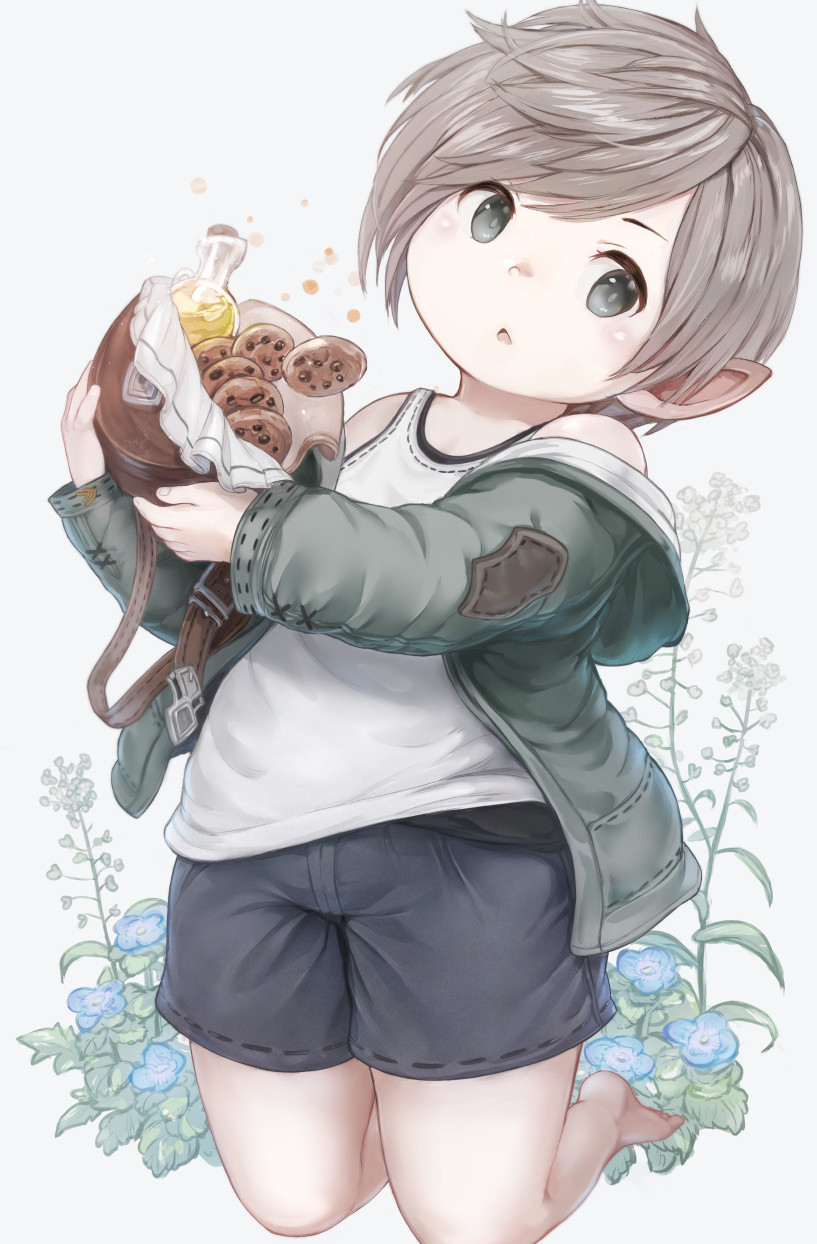 1boy, bag, bangs, bare_legs, bare_shoulders, barefoot, camisole, cookie