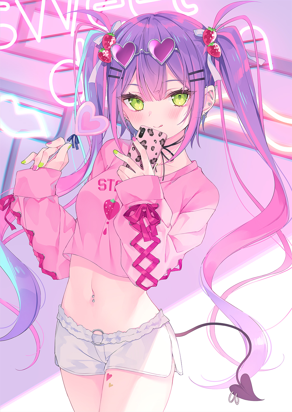 1girl, :q, alternate_costume, banned_artist, black_tail, blush, candy, cellphone