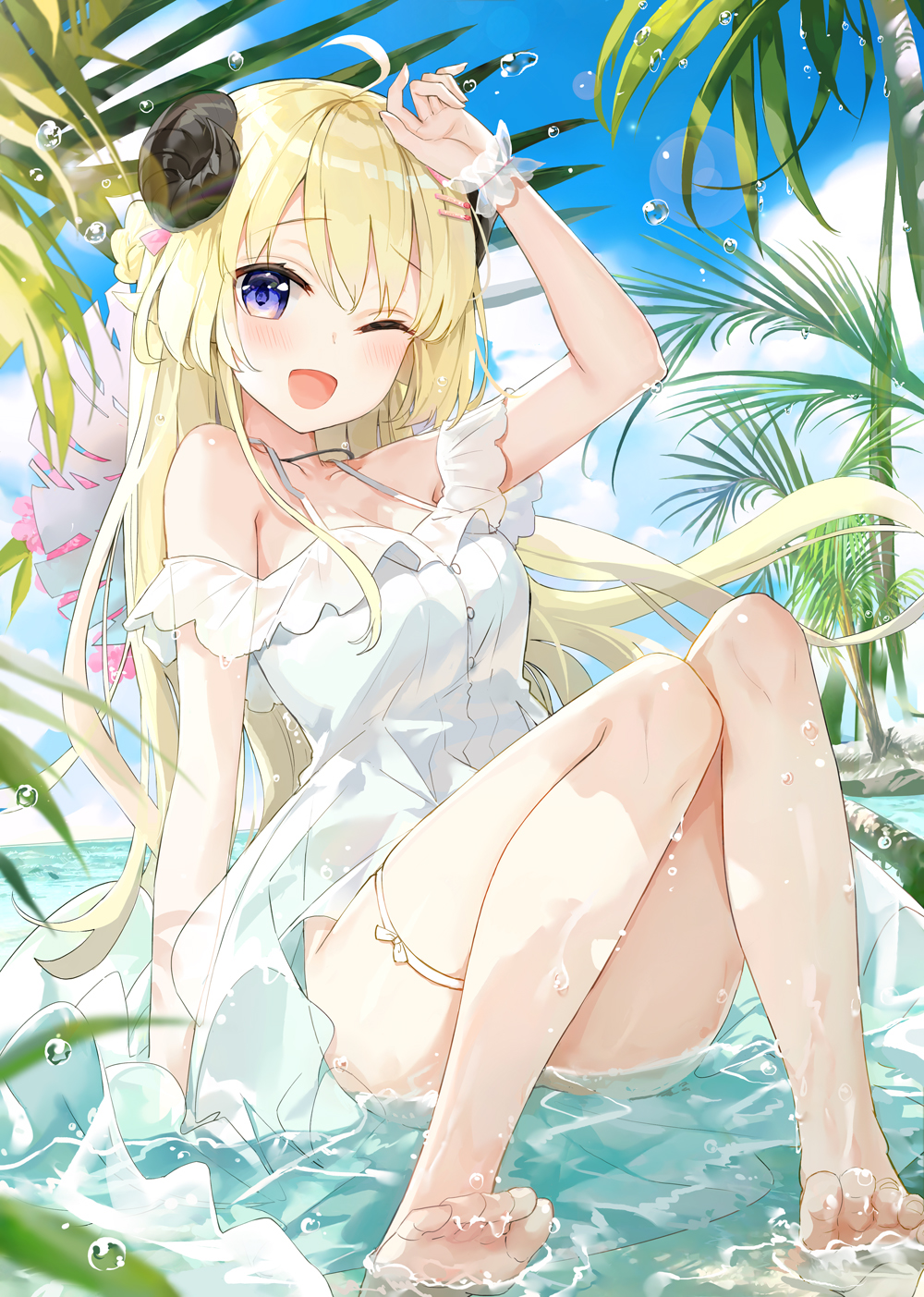 1girl, :d, ;d, ahoge, alternate_costume, arm_up, bare_legs, barefoot