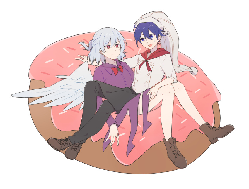 2girls, :d, adapted_costume, angel_wings, bangs, bean_bag_chair, blue_eyes, blue_hair