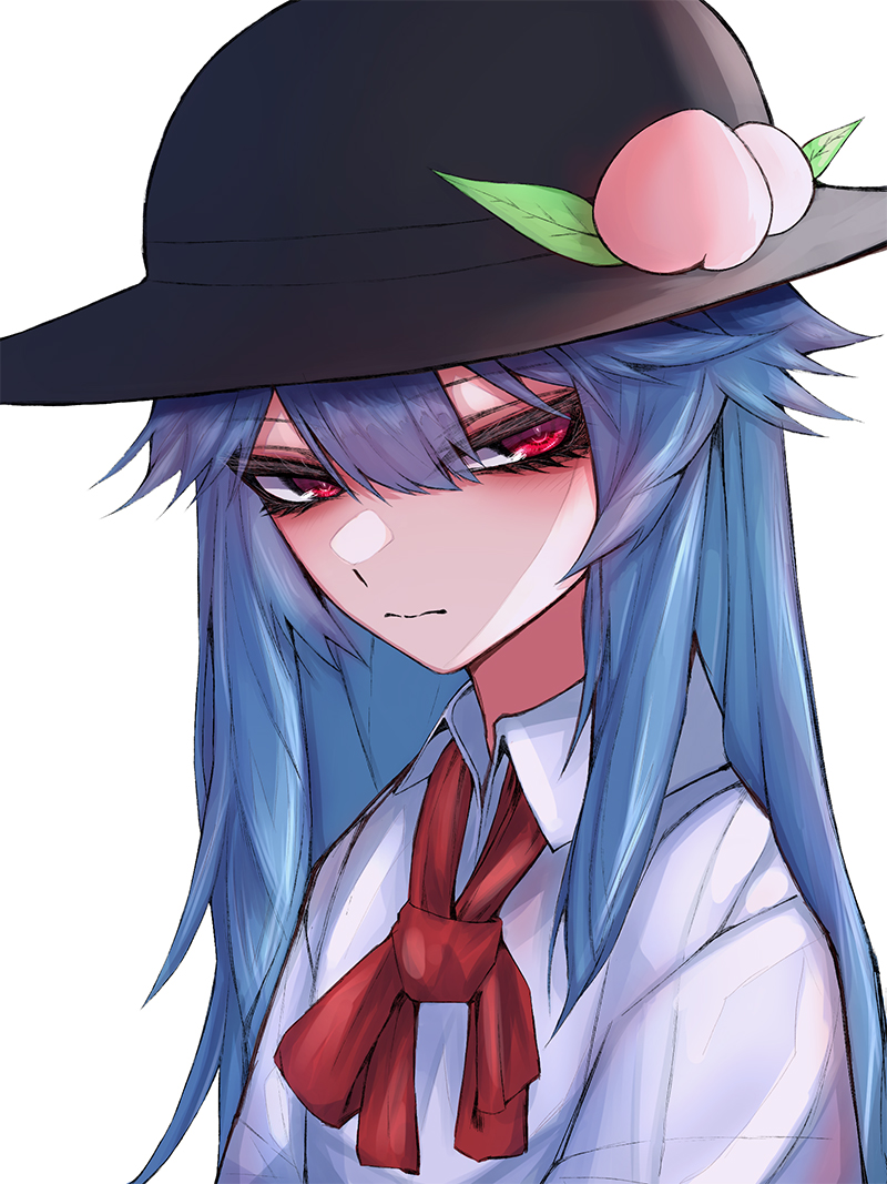 1girl, 33_gaff, black_headwear, blue_hair, commentary, food, fruit, hair_between_eyes