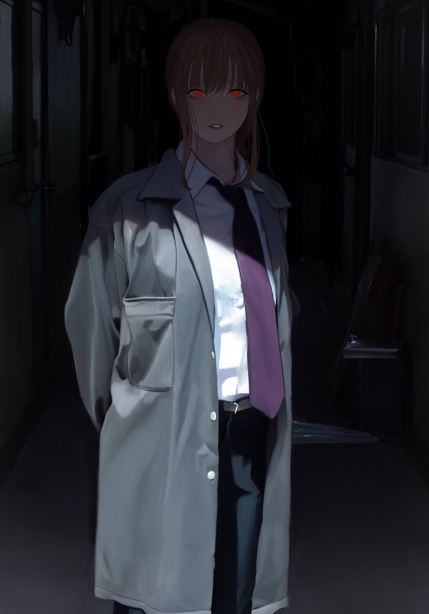 1girl, bangs, belt, black_belt, black_coat, black_pants, braid, braided_ponytail, business_suit, chainsaw_man, coat, collared_shirt, dark_room, formal, glowing, glowing_eyes, hallway, highres, holding, holding_umbrella, indoors, long_coat, long_sleeves, looking_at_viewer, makima_(chainsaw_man), medium_hair, mellows_ama, necktie, neckwear, office_lady, pants, parted_lips, red_eyes, redhead, ringed_eyes, shirt, sidelocks, solo, suit, teeth, umbrella, white_shirt