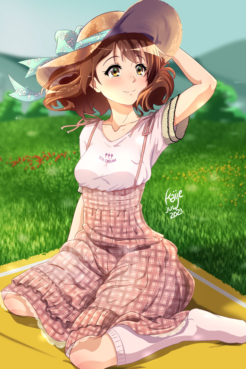 1girl, absurdres, arm_behind_head, blanket, blush, breasts, brown_hair, collarbone