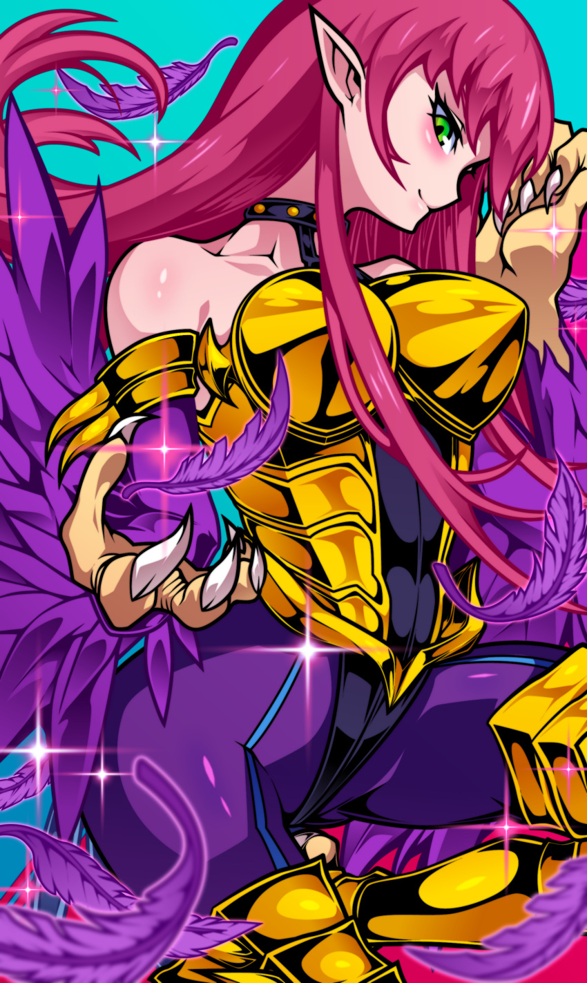 1girl, absurdres, animal_hands, bare_shoulders, blue_background, boobplate, breasts, claws