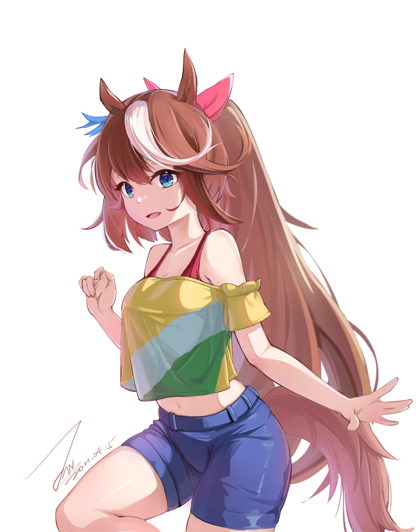 1girl, absurdres, bare_shoulders, blue_eyes, breasts, brown_hair, casual, collarbone