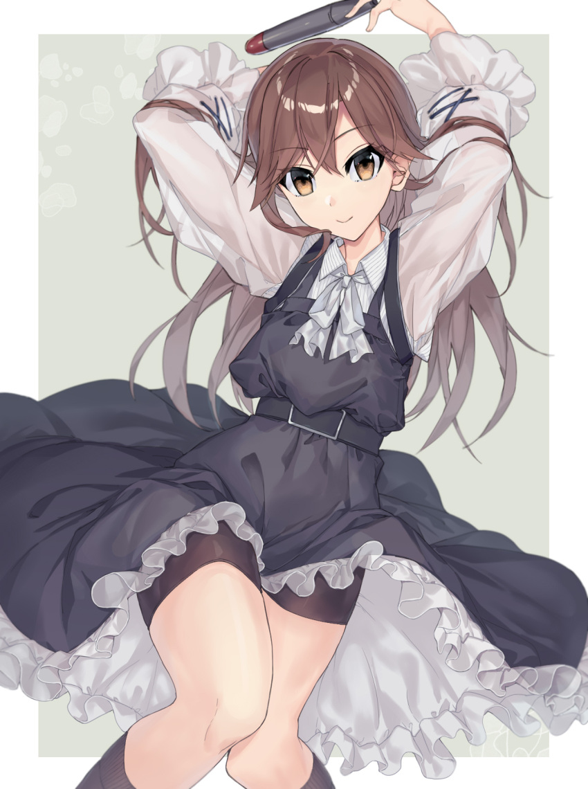 1girl, arashio_(kancolle), arms_up, bangs, belt, bike_shorts, black_dress, black_legwear