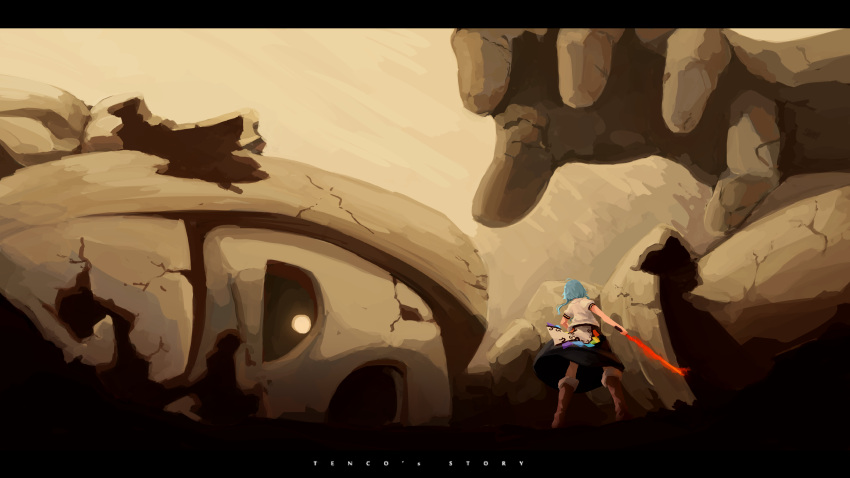 1girl, absurdres, blue_hair, boots, brown_footwear, facing_away, fur_trim, glowing