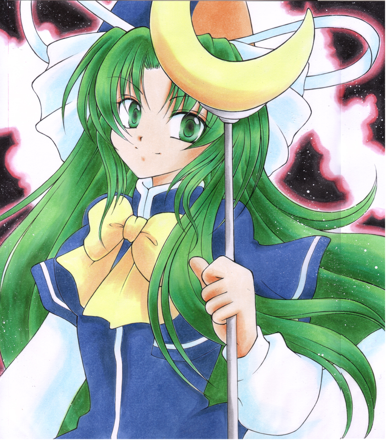green_eyes, green_hair, hat, hat_ribbon, kazra, long_hair, mima, ribbon