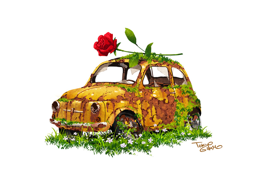 abandoned, broken_window, car, commentary_request, flower, grass, ground_vehicle, motor_vehicle