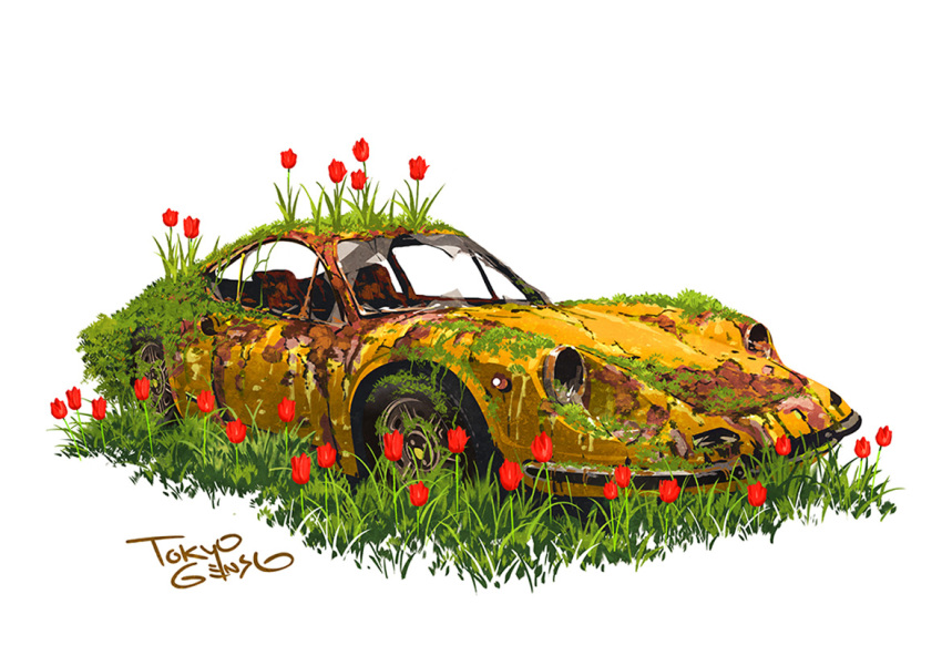 abandoned, broken_window, car, commentary_request, ferrari_dino, flower, grass, ground_vehicle