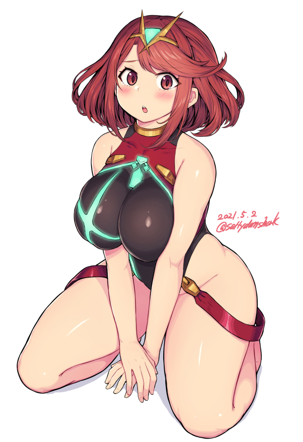 1girl, alternate_costume, bangs, breasts, chest_jewel, competition_swimsuit, gem, hair_ornament, headpiece, jewelry, large_breasts, one-piece_swimsuit, pyra_(pro_swimmer)_(xenoblade), pyra_(xenoblade), red_eyes, redhead, shioboi, short_hair, solo, swept_bangs, swimsuit, tiara, xenoblade_chronicles_(series), xenoblade_chronicles_2
