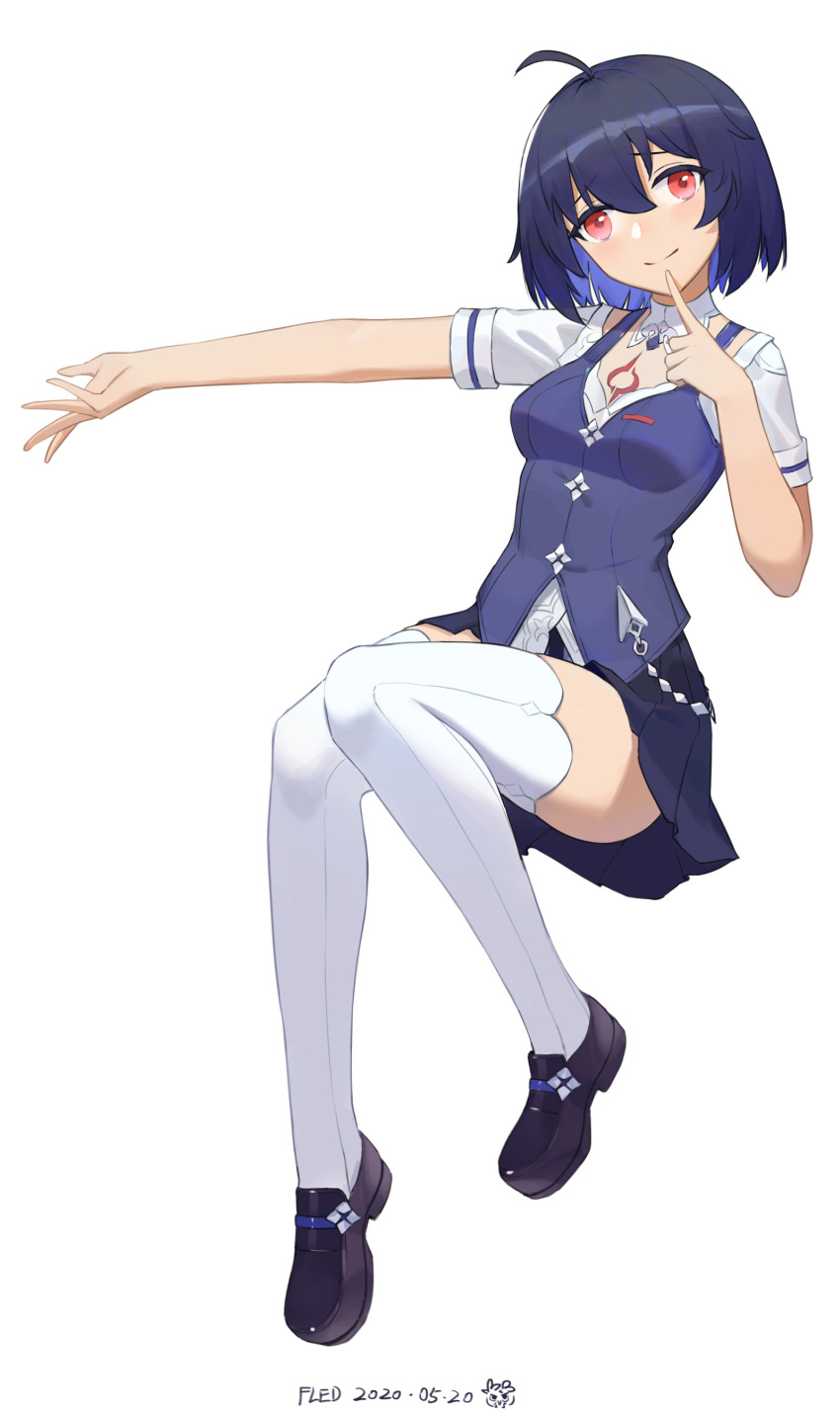 1girl, absurdres, antenna_hair, bangs, black_footwear, blue_hair, blue_skirt, closed_mouth