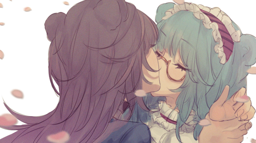 2girls, animal_ears, arknights, bangs, bear_ears, black_jacket, blue_hair, brown_hair