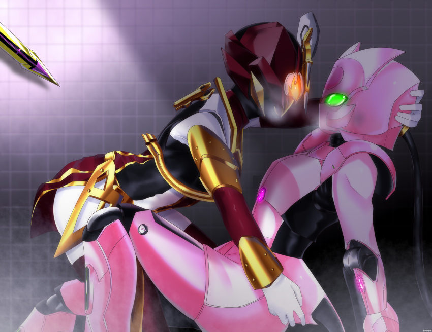 2girls, crossover, green_eyes, kamen_rider, kamen_rider_sabela, kamen_rider_saber_(series), kikai_sentai_zenkaiger, magine, orange_eyes, robot, shindai_reika, super_sentai, yuri