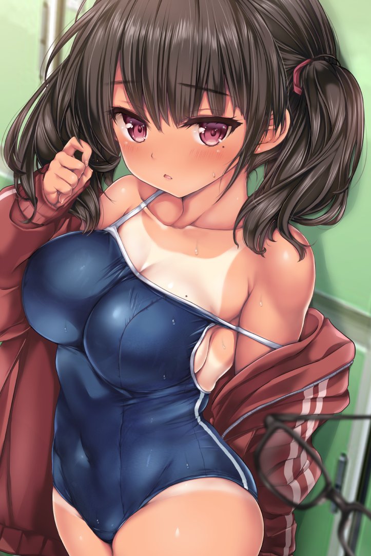 1girl, black_hair, blue_swimsuit, breasts, commentary_request, competition_school_swimsuit, cowboy_shot, jacket