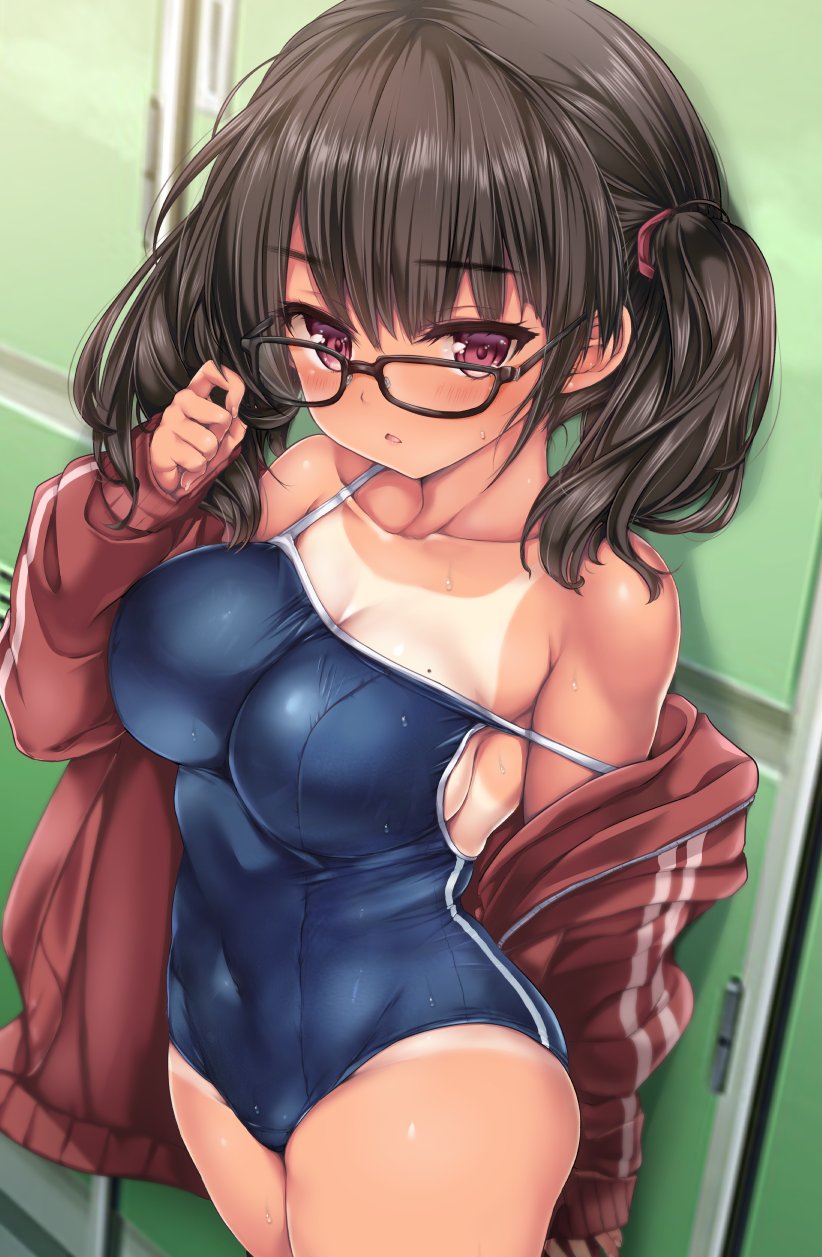 1girl, black-framed_eyewear, black_hair, blue_swimsuit, breasts, commentary_request, competition_school_swimsuit, cowboy_shot