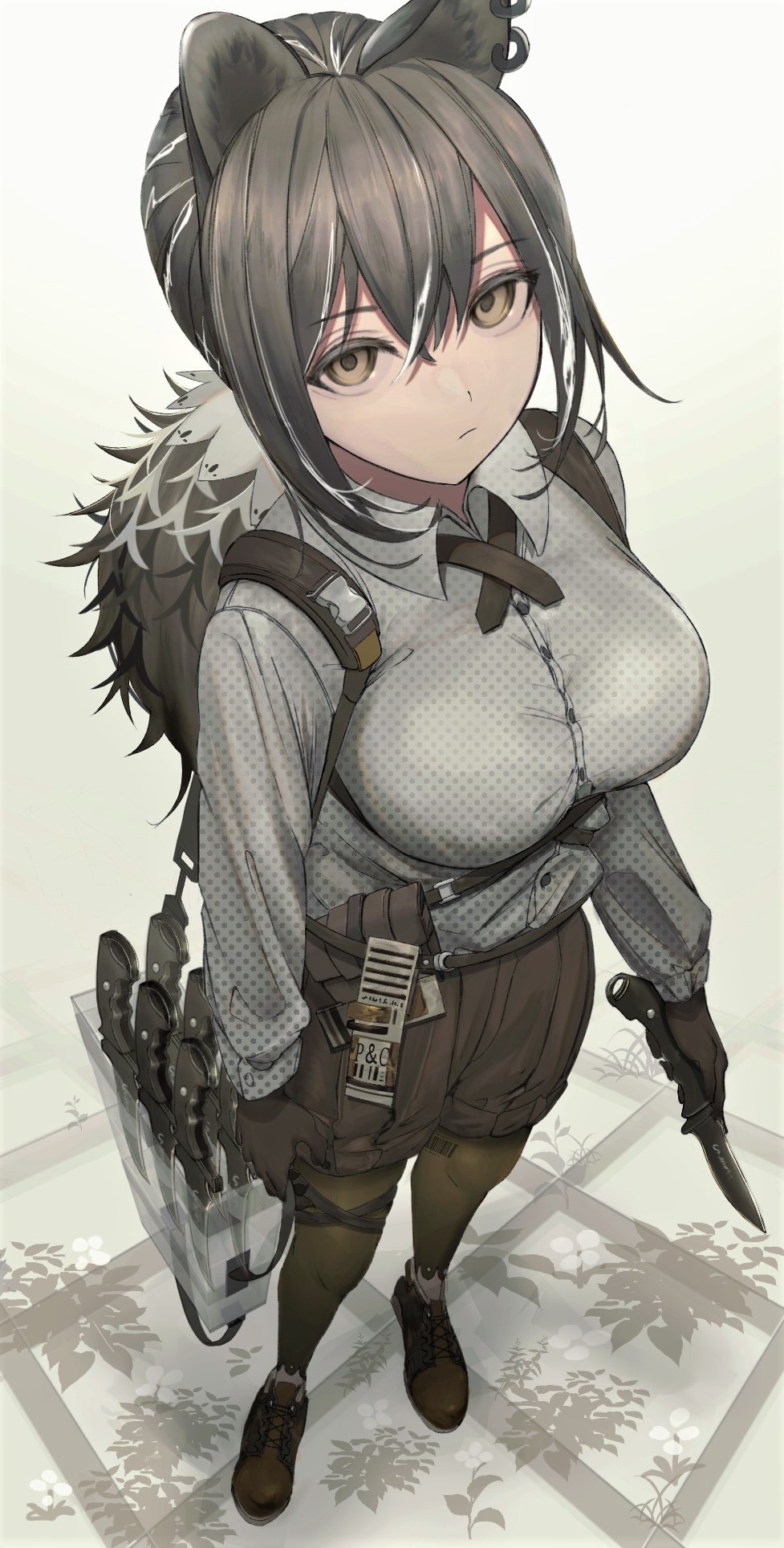 1girl, animal_ears, animal_hands, arknights, breasts, brown_eyes, brown_footwear, brown_legwear