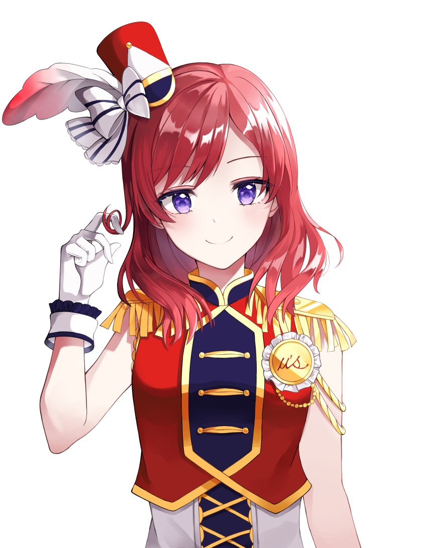 1girl, absurdres, badge, bangs, bare_legs, bow, breasts, button_badge, closed_mouth, epaulettes, eyebrows_visible_through_hair, gingin0, gloves, hair_bow, hand_up, hat, hat_feather, highres, light_blush, looking_at_viewer, love_live!, love_live!_school_idol_festival, love_live!_school_idol_project, medium_hair, mini_hat, nishikino_maki, playing_with_own_hair, red_headwear, red_shirt, redhead, shadow, shiny, shiny_hair, shirt, simple_background, smile, solo, swept_bangs, upper_body, violet_eyes, white_background, white_gloves