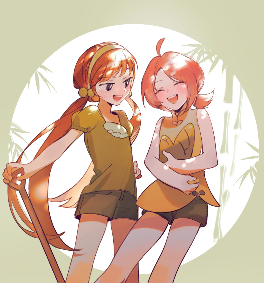 2girls, black_shorts, blush, brown_hair, closed_eyes, ershisi, feet_out_of_frame, green_hairband