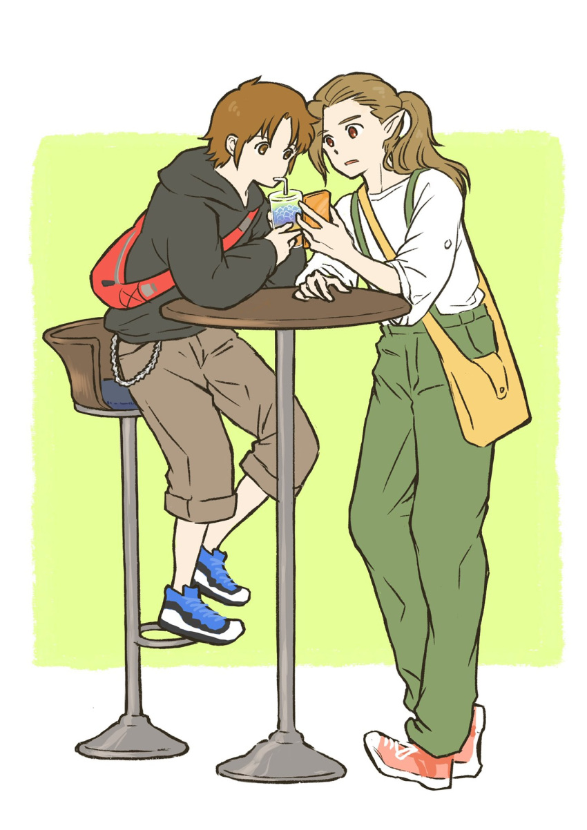 2boys, bag, black_hoodie, blue_footwear, brown_eyes, brown_hair, brown_pants, chair
