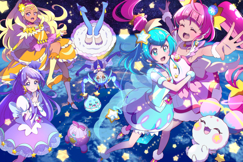 5girls, :d, ^_^, ahoge, aqua_hair, armpits, bangs, blonde_hair