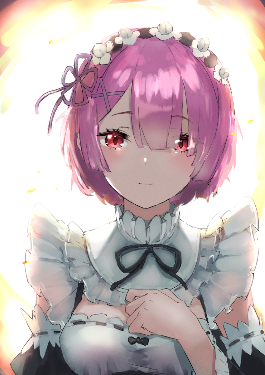 1girl, backlighting, bangs, black_ribbon, black_sleeves, blush, closed_mouth, detached_collar