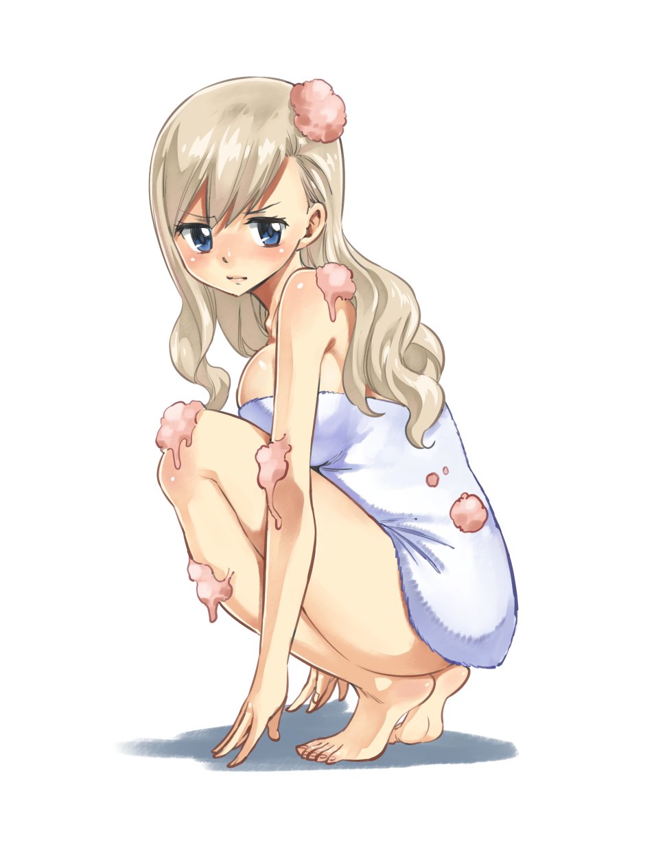 1girl, bangs, bare_legs, barefoot, blue_eyes, blush, breasts, closed_mouth