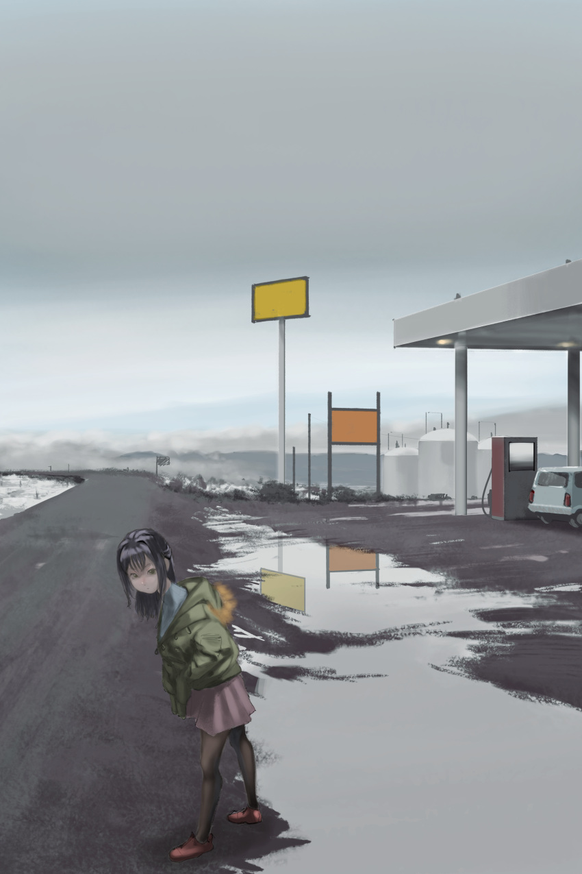 1girl, absurdres, bangs, black_hair, black_legwear, blue_shirt, car, day, gas_station, green_jacket, grey_sky, ground_vehicle, highres, jacket, long_hair, motor_vehicle, original, outdoors, pantyhose, purple_skirt, red_footwear, reflection, road, shirt, shoes, skirt, solo, standing, water, wide_shot, www_(201548)