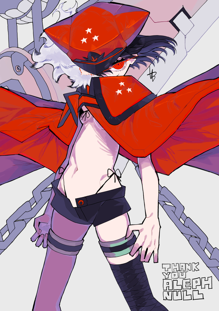 1girl, absurdres, black_hair, black_legwear, black_shorts, breasts, cape, commission