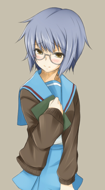 blush, book, brown_eyes, cardigan, glasses, moyashi_(artist), nagato_yuki, nagato_yuki_(shoushitsu), school_uniform, short_hair, suzumiya_haruhi_no_shoushitsu, suzumiya_haruhi_no_yuuutsu
